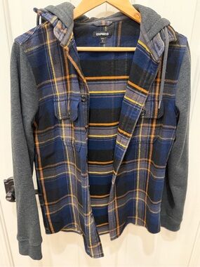 Express Plaid Hooded Shacket in Navy, Black & Yellow